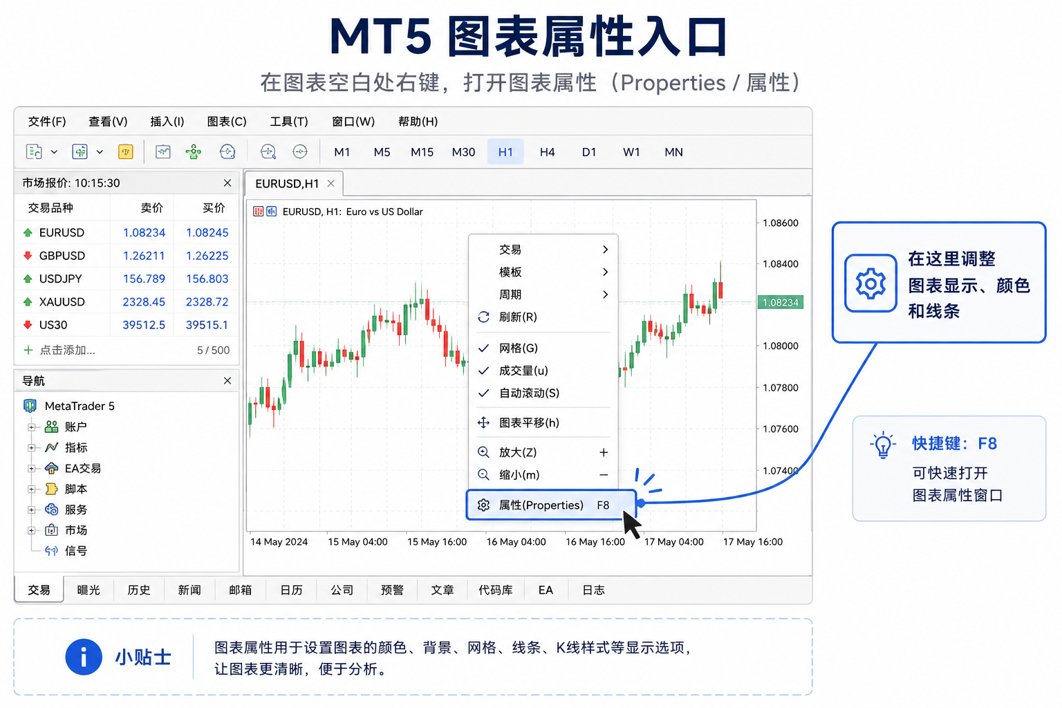 MT5 图表空白区域右键菜单中高亮 Properties 属性项，并标注 F8 快捷键可打开图表属性窗口