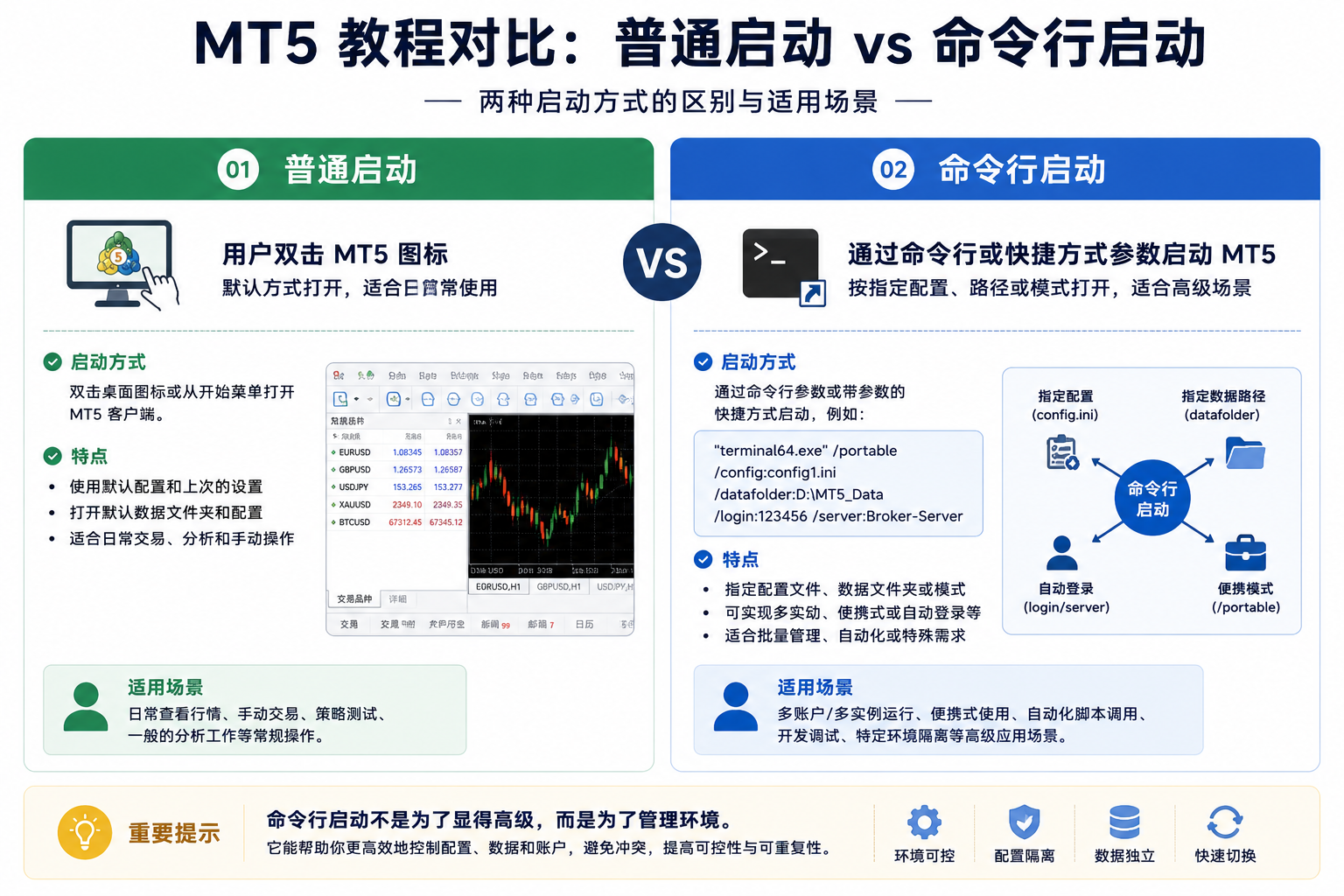MT5 普通双击启动与命令行启动对比图：普通启动按默认环境打开，命令行启动可指定配置文件、路径或运行模式