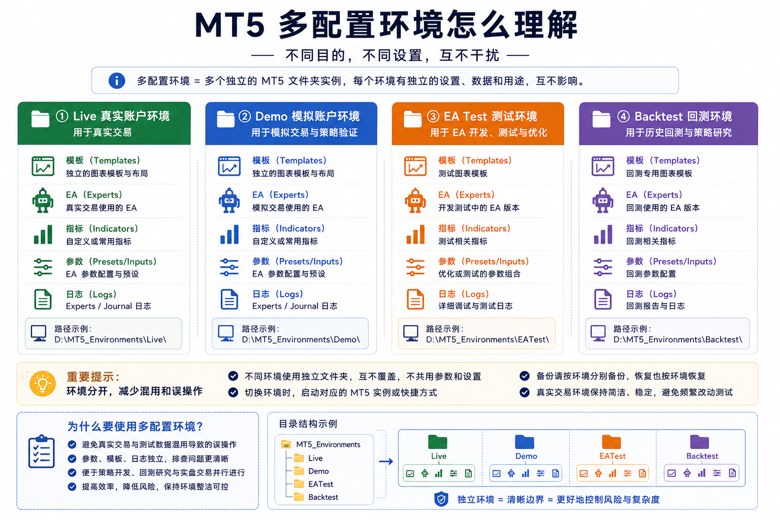 MT5 多环境管理示意图，展示真实账户、模拟账户、EA 测试与回测环境可分开配置管理