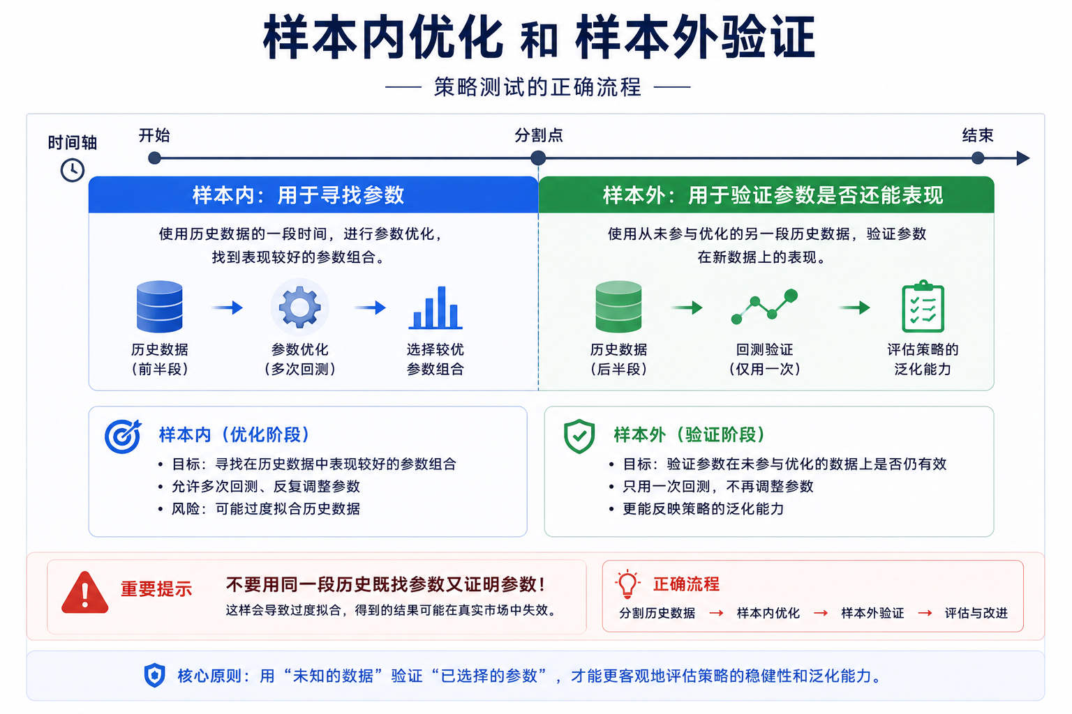 样本内与样本外测试示意图，展示用一段历史数据优化参数、用另一段未参与优化的历史验证